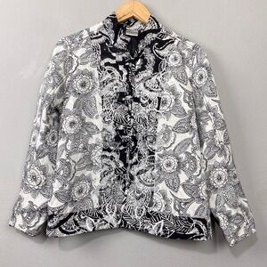 Chicos Silk Linen Blend Jacket Size M Embroidered Paisley Floral Artsy Boho Glam